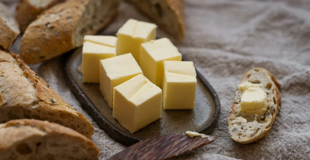 Artisanal butter cubes and country bread